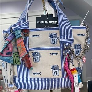 Madden Girl Cream and Blue Striped Sardine Embroidered Mini Tote NWT